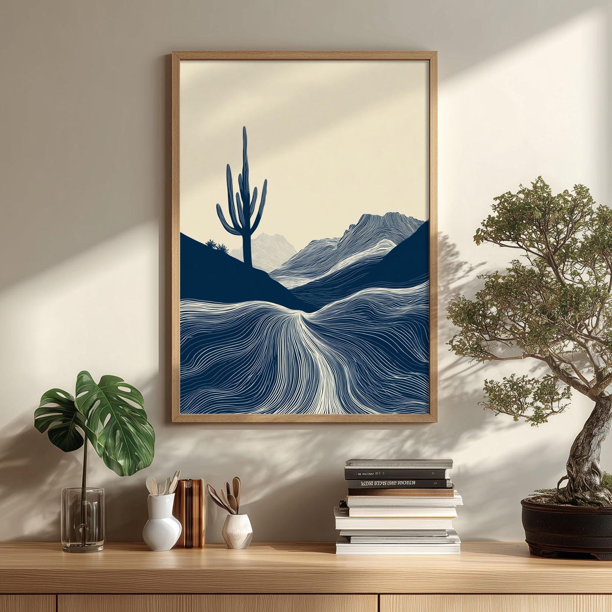 Desert Cactus Wall Art | Minimalist Landscape Poster, Navy Blue Art Print | Southwest Decor