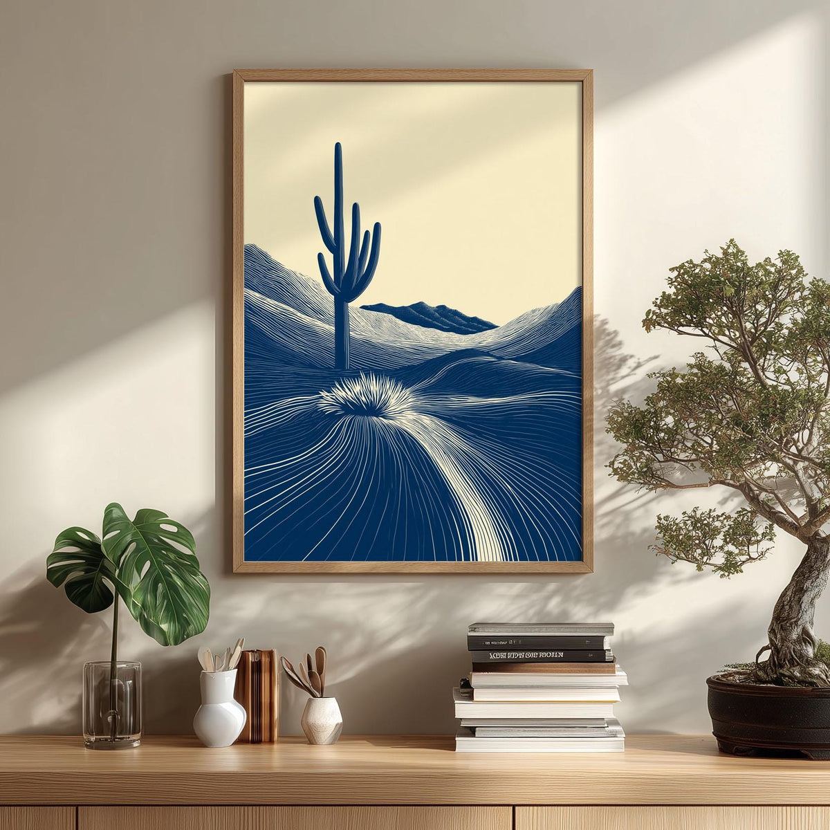 Cactus Desert Poster | Navy Landscape Art Print, Minimalist Wall Art | Southwest Decor