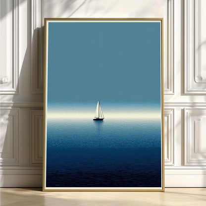 Blue Sailboat Ocean Poster | Minimalist Seascape Art Print, Coastal Wall Art | Navy Nautical Decor