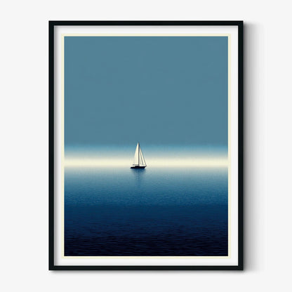 Blue Sailboat Ocean Poster | Minimalist Seascape Art Print, Coastal Wall Art | Navy Nautical Decor