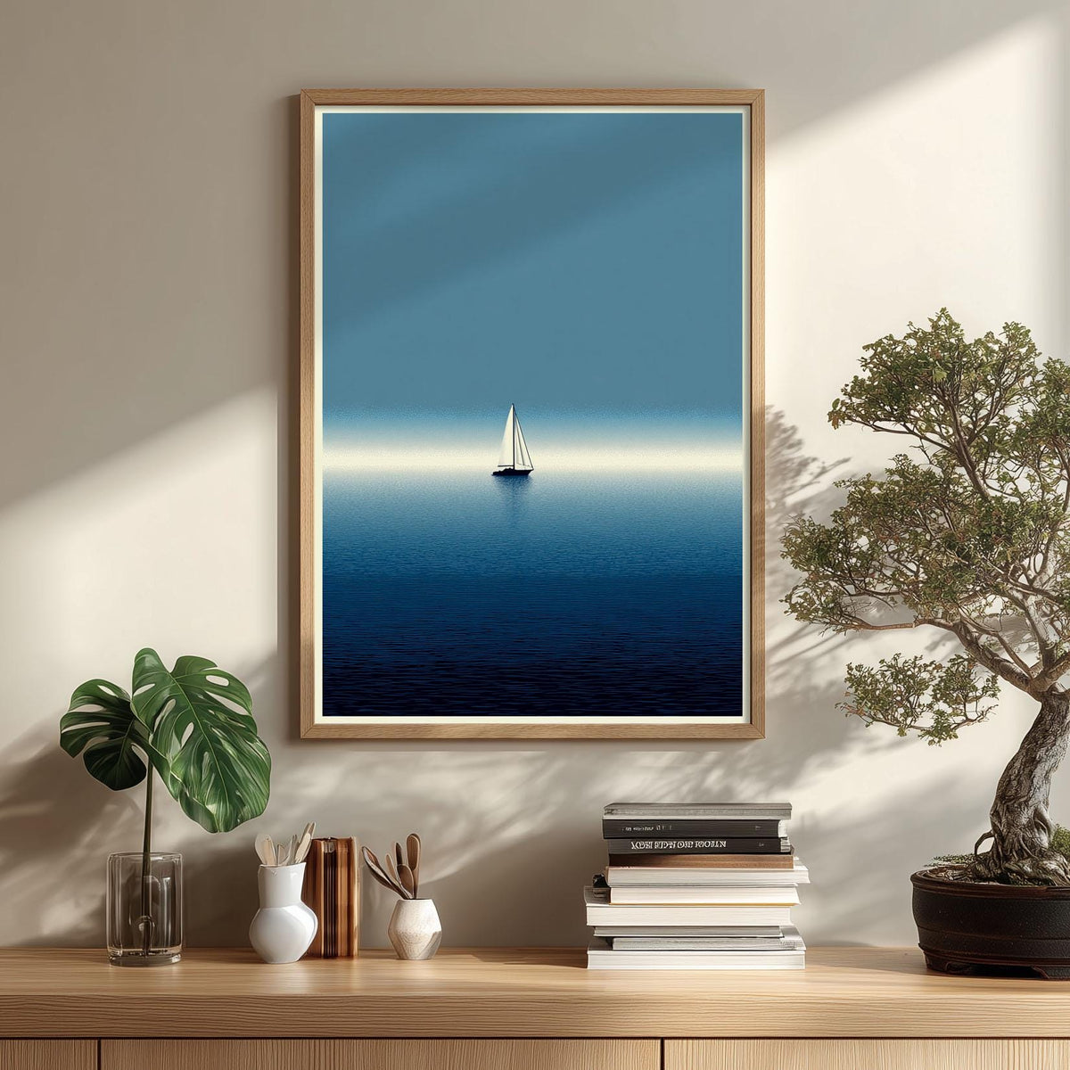 Blue Sailboat Ocean Poster | Minimalist Seascape Art Print, Coastal Wall Art | Navy Nautical Decor