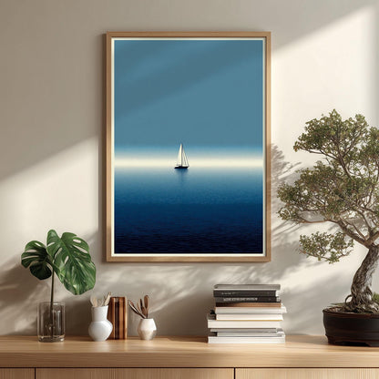 Blue Sailboat Ocean Poster | Minimalist Seascape Art Print, Coastal Wall Art | Navy Nautical Decor