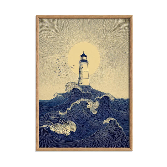 Lighthouse Ocean Poster | Nautical Wave Art Print, Coastal Wall Art | Seaside Beach House Decor