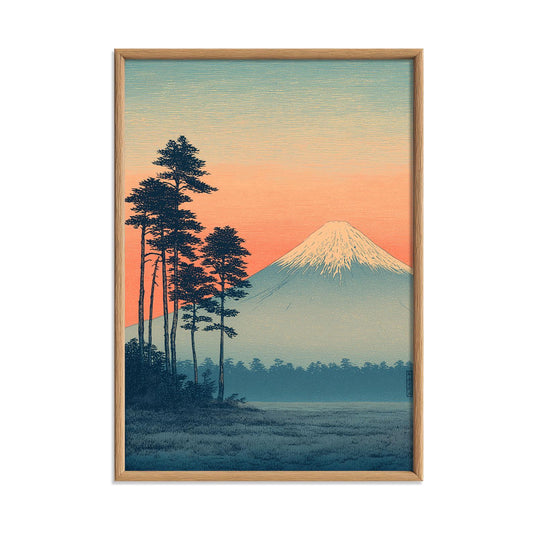 Mount Fuji Poster | Japanese Landscape Art Print, Pine Tree Wall Art | Sunset Print
