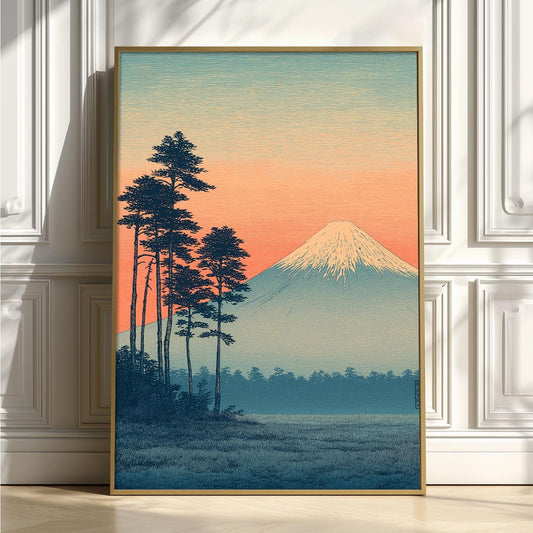 Mount Fuji Poster | Japanese Landscape Art Print, Pine Tree Wall Art | Sunset Print