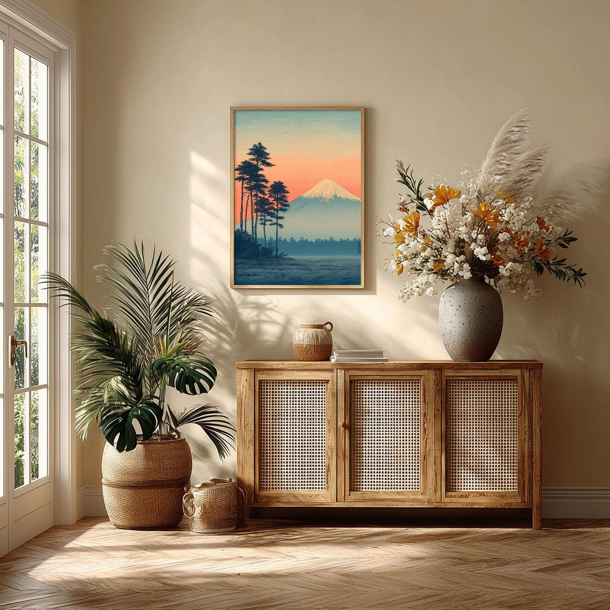 Mount Fuji Poster | Japanese Landscape Art Print, Pine Tree Wall Art | Sunset Print