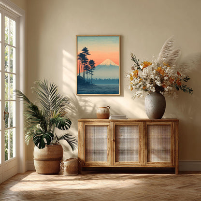 Mount Fuji Poster | Japanese Landscape Art Print, Pine Tree Wall Art | Sunset Print
