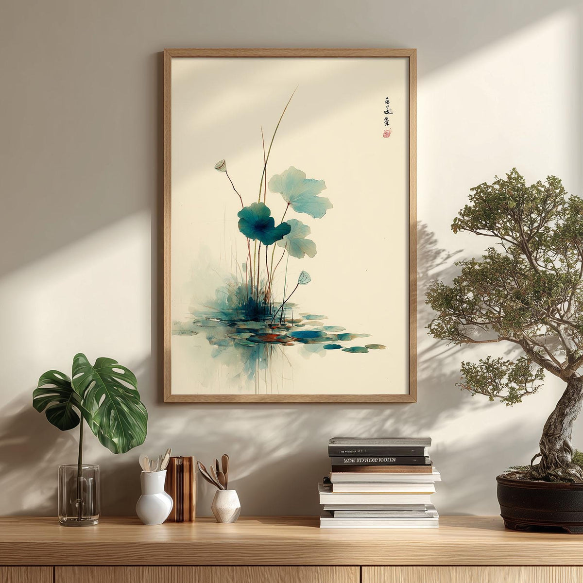 Lotus Pond Art Print | Japanese Botanical Poster, Minimalist Wall Art | Zen Watercolour Decor