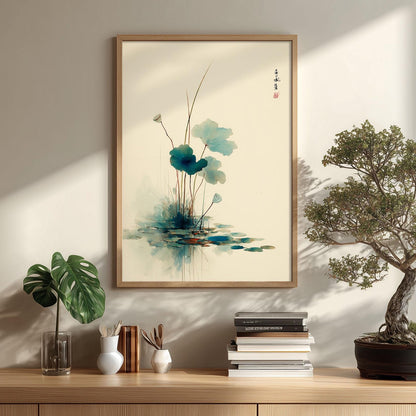 Lotus Pond Art Print | Japanese Botanical Poster, Minimalist Wall Art | Zen Watercolour Decor