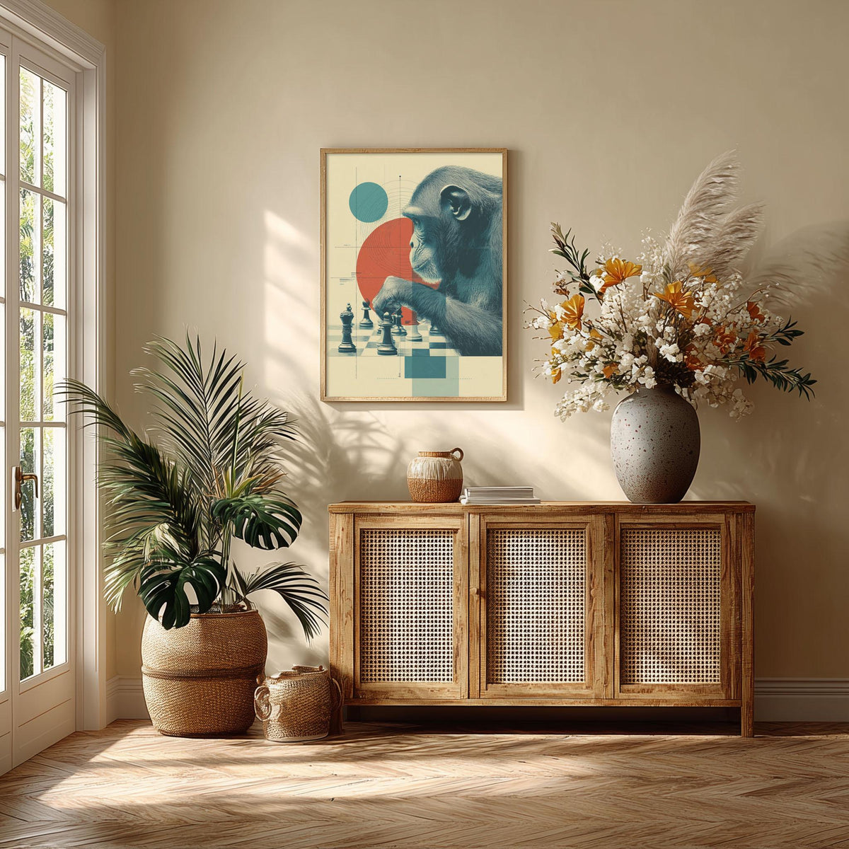 Chimpanzee Chess Poster | Monkey Art Print, Modern Wall Art | Game Room Decor