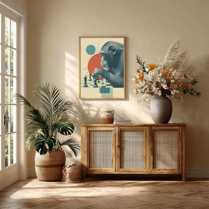 Chimpanzee Chess Poster | Monkey Art Print, Modern Wall Art | Game Room Decor
