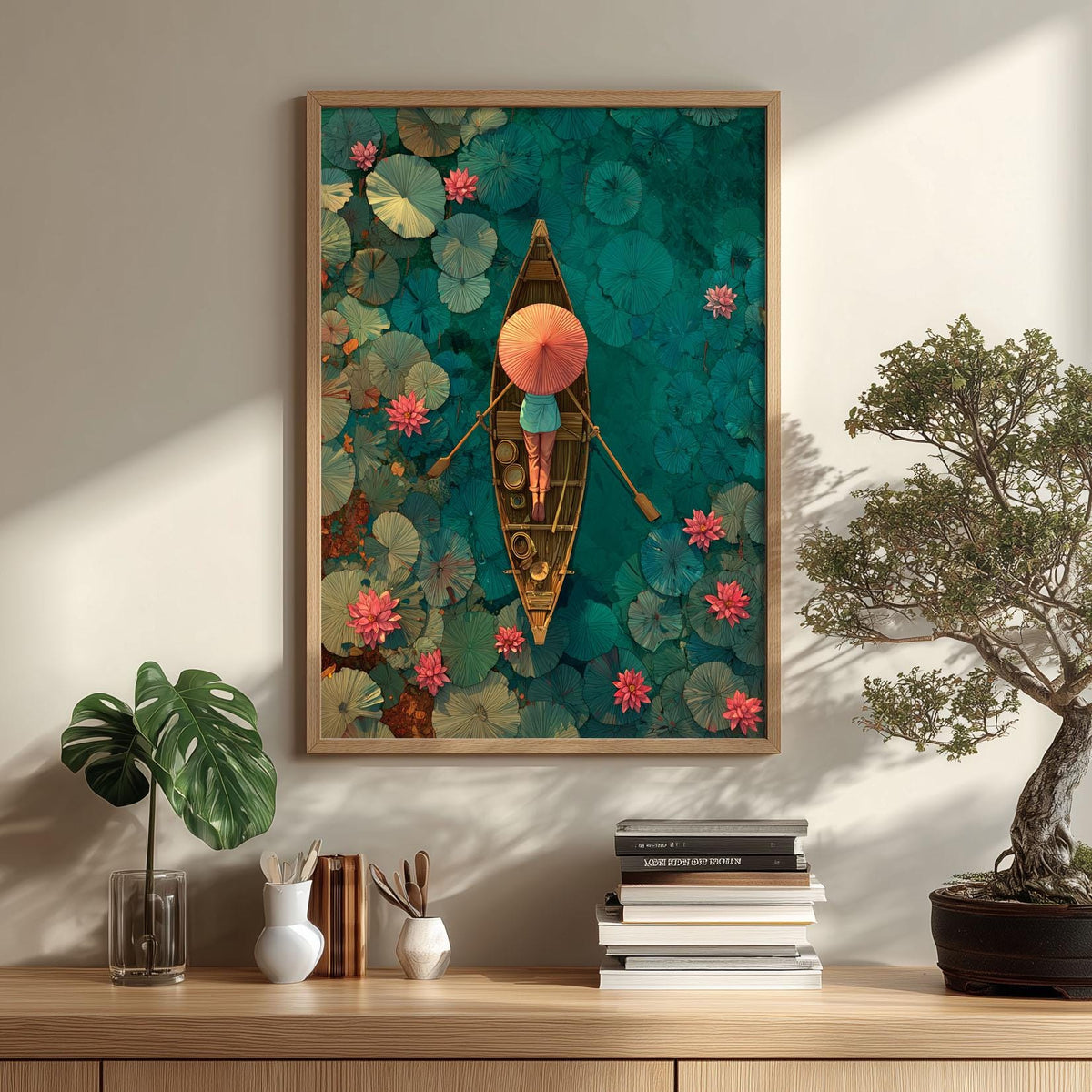 Lotus Boat Poster | Overhead Lake Art Print, Teal Wall Art | Asian Botanical Print