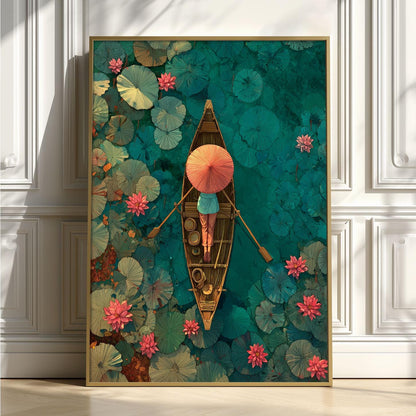 Lotus Boat Poster | Overhead Lake Art Print, Teal Wall Art | Asian Botanical Print