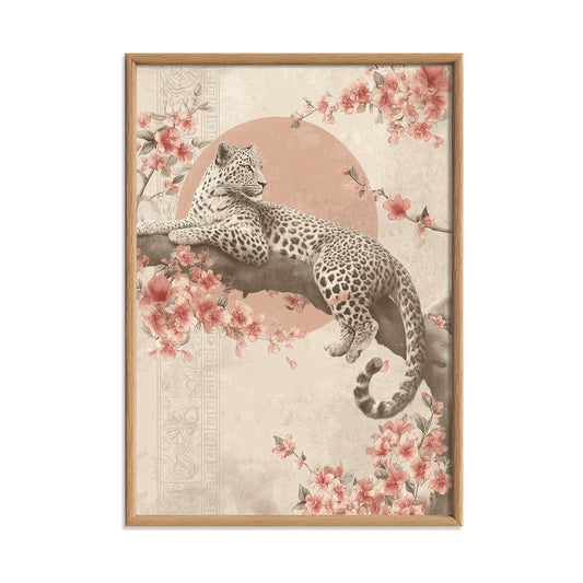 Leopard Wall Art | Vintage Floral Poster, Cherry Blossom Art Print | Oriental Decor