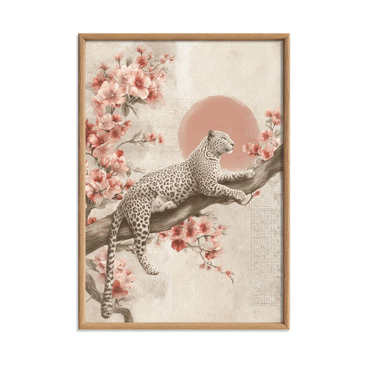 Leopard Poster | Cherry Blossom Art Print, Vintage Floral Wall Art | Oriental Decor