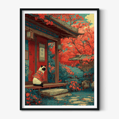 Siamese Cat Poster | Japanese Garden Art Print, Cherry Blossom Wall Art | Kimono Cat Decor