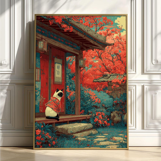 Siamese Cat Poster | Japanese Garden Art Print, Cherry Blossom Wall Art | Kimono Cat Decor