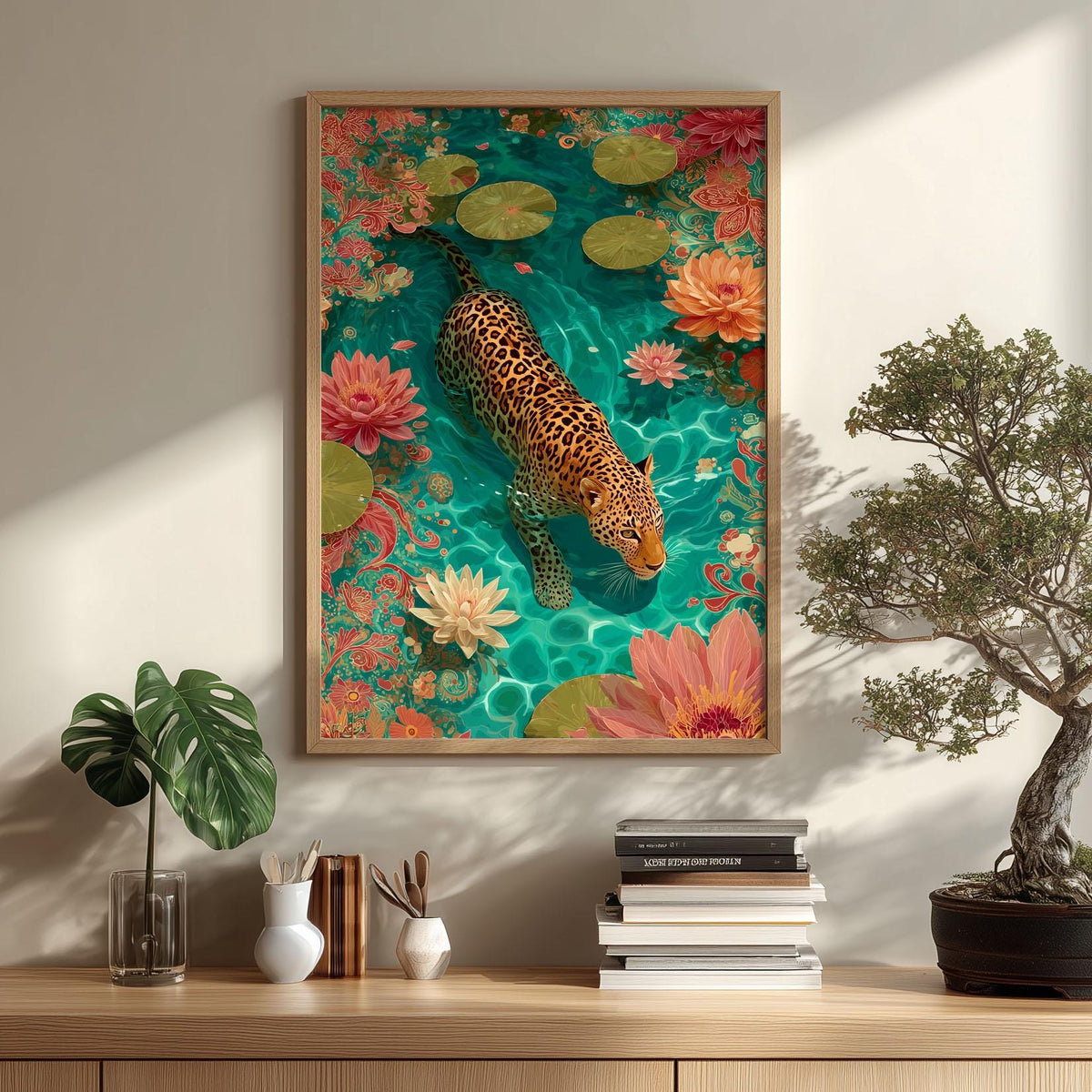 Swimming jaguar Poster | Lotus Pond Art Print, Tropical Wall Art | Colourful Jungle Decor