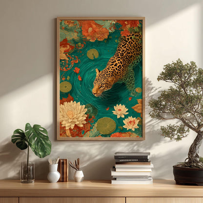 Swimming jaguar Art Print | Lotus Pond Poster, Tropical Wall Art | Jungle Floral Decor