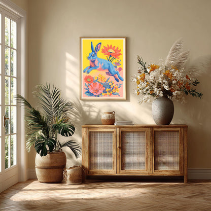 Retro Rabbit Poster | Colourful Floral Art Print, Bright Bunny Wall Art | Pop Art Decor