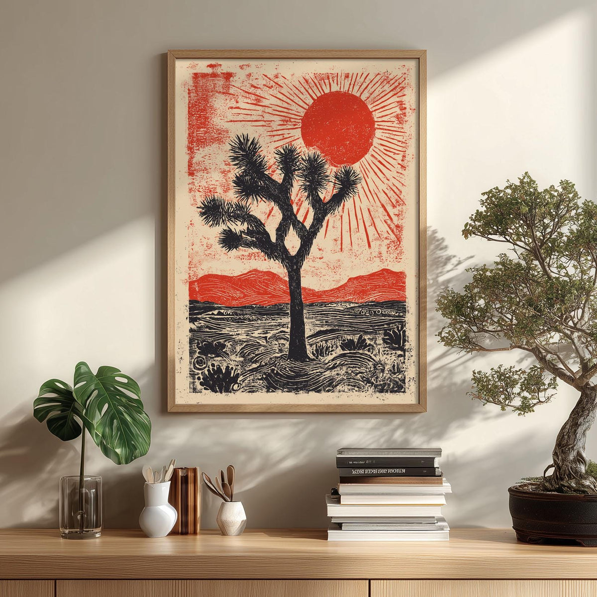 Joshua Tree Poster | Desert Linocut Art Print, Red Sun Wall Art | Southwest Landscape Print