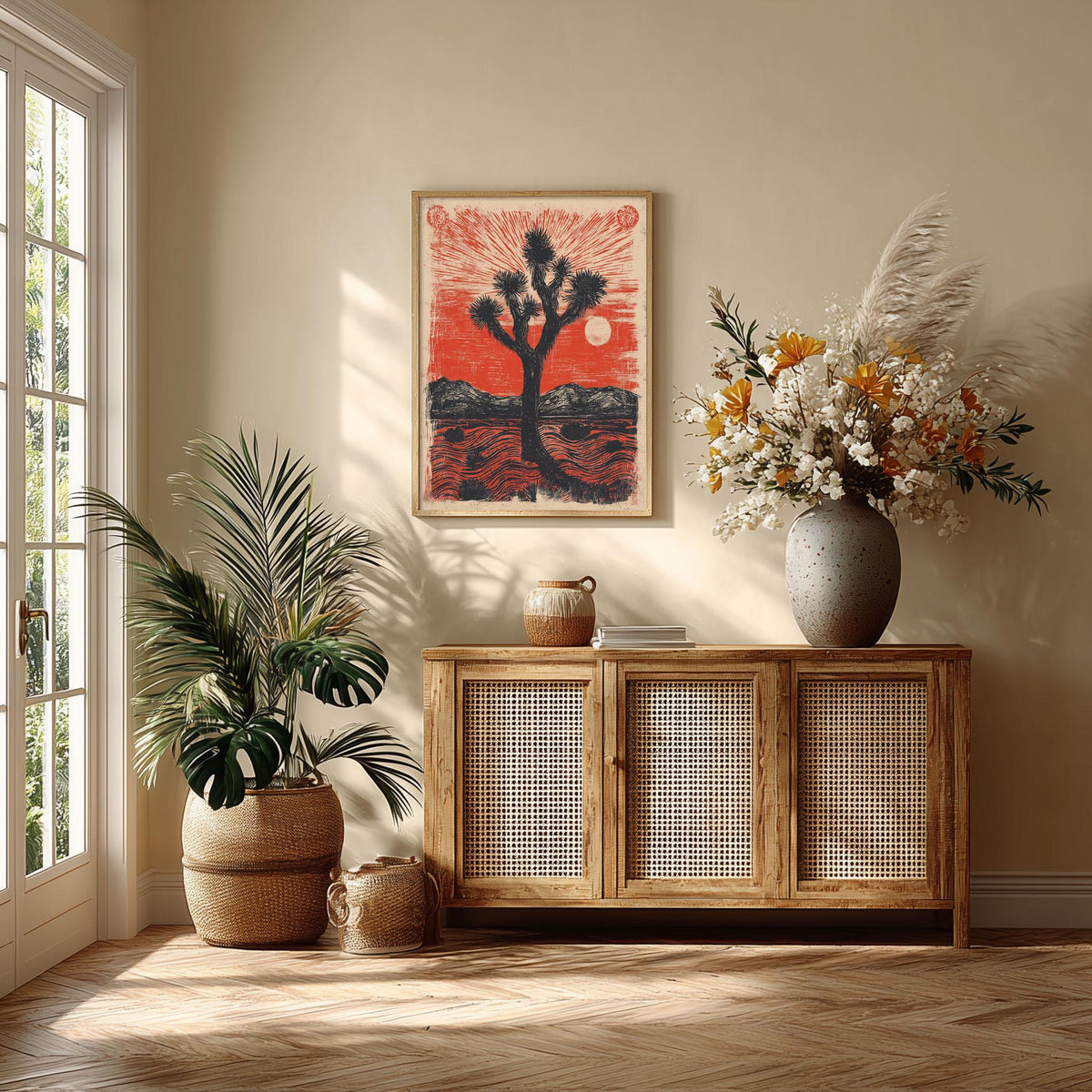 Joshua Tree Wall Art | Desert Linocut Poster, Red Sun Art Print | Southwest Decor