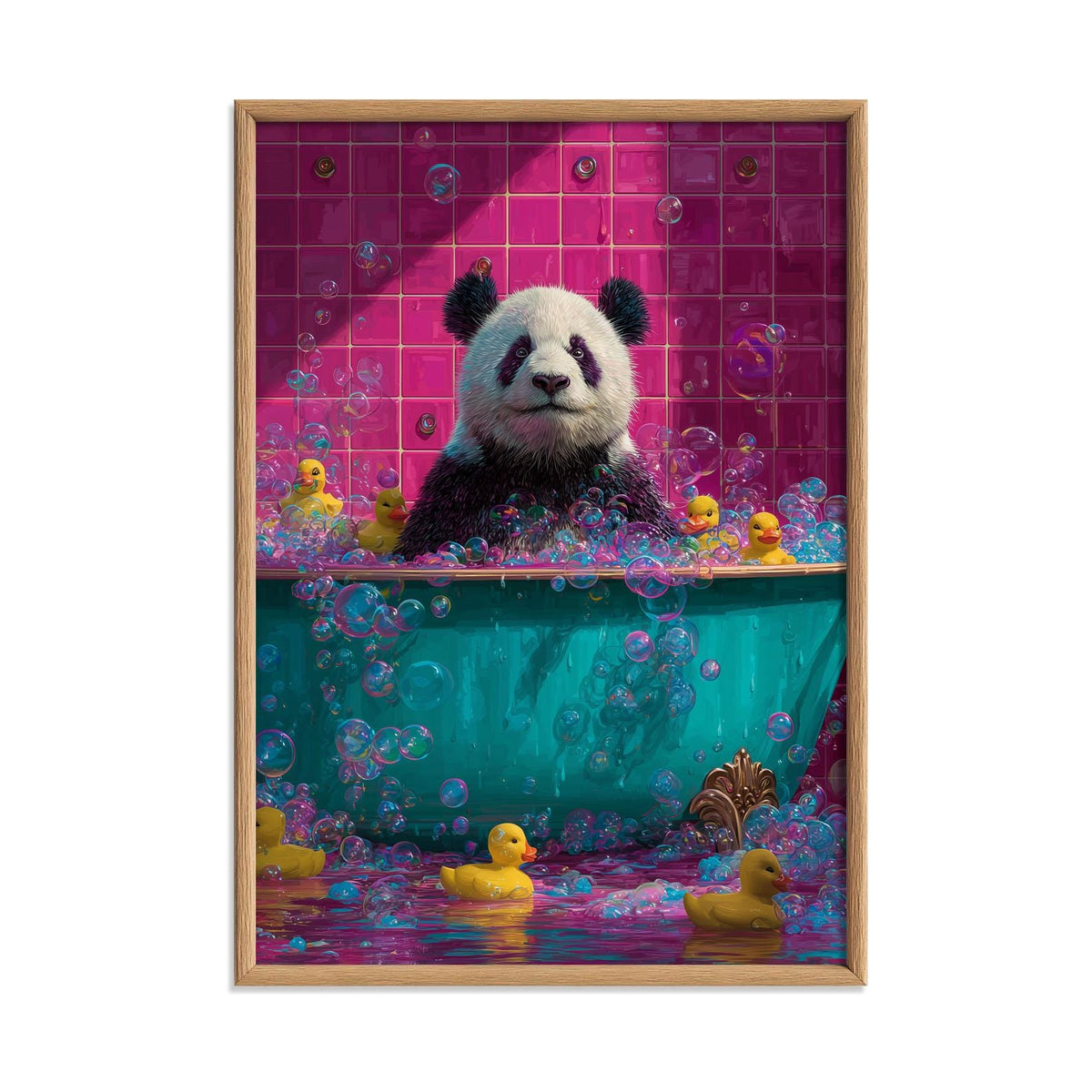 Panda Bath Poster | Funny Bathroom Art Print, Colourful Animal Wall Art | Rubber Duck Decor