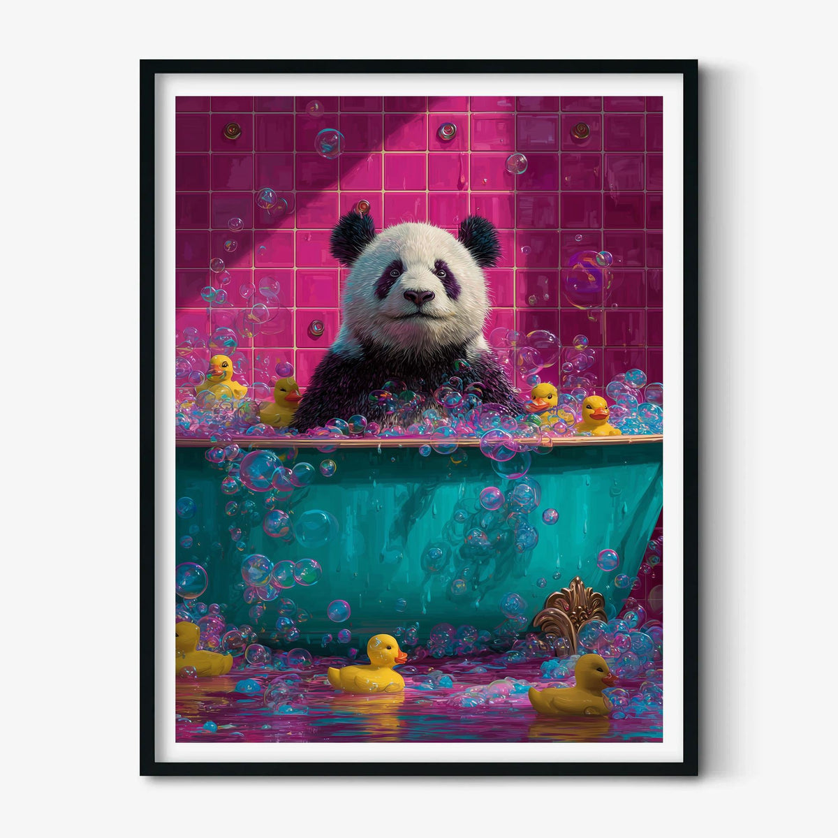 Panda Bath Poster | Funny Bathroom Art Print, Colourful Animal Wall Art | Rubber Duck Decor