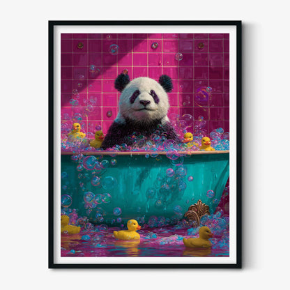 Panda Bath Poster | Funny Bathroom Art Print, Colourful Animal Wall Art | Rubber Duck Decor