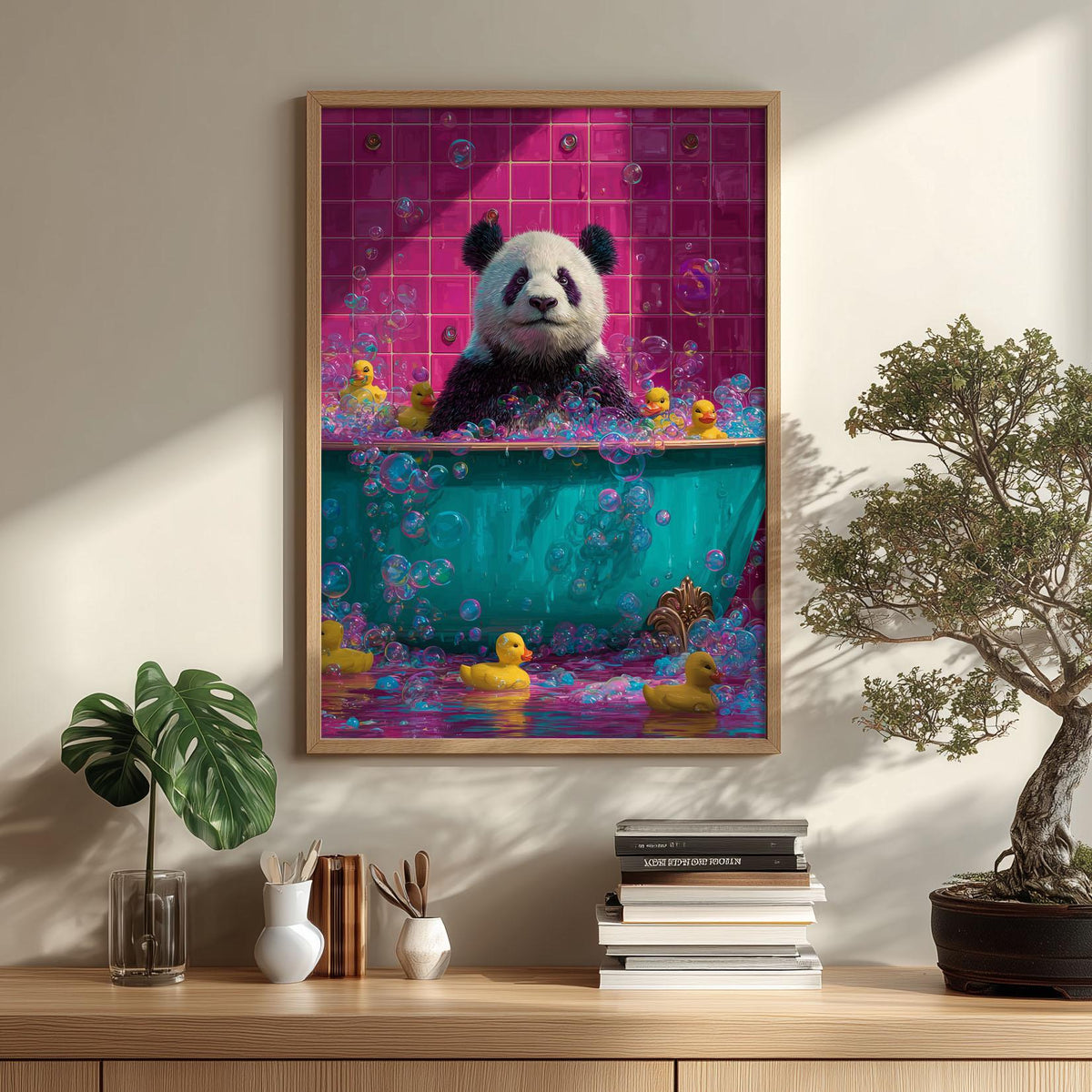 Panda Bath Poster | Funny Bathroom Art Print, Colourful Animal Wall Art | Rubber Duck Decor