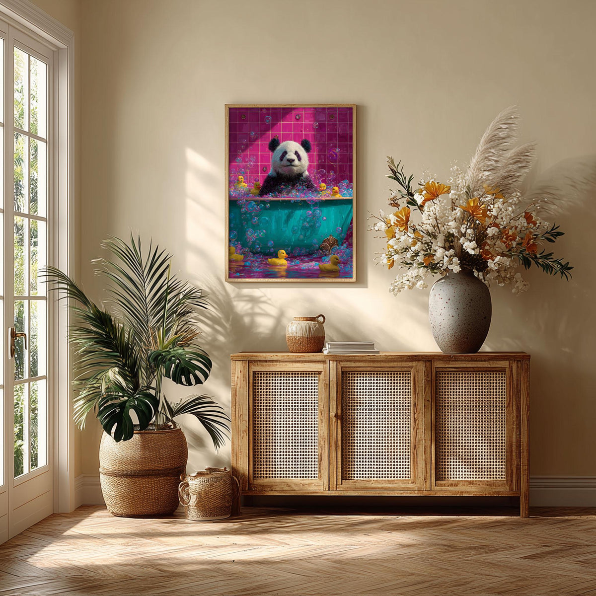 Panda Bath Poster | Funny Bathroom Art Print, Colourful Animal Wall Art | Rubber Duck Decor