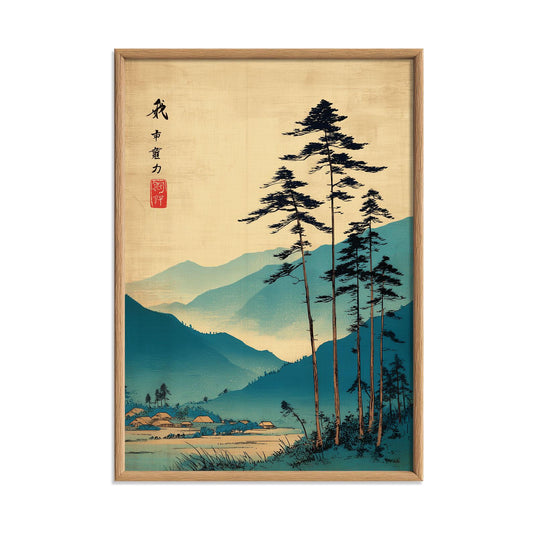 Vintage Forest Wall Art | Mountain Landscape Poster, Japanese Art Print | Japandi Decor
