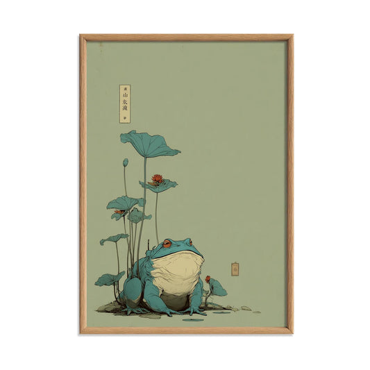 Frog Lotus Wall Art | Japanese Pond Poster, Minimalist Art Print | Zen Nature Decor