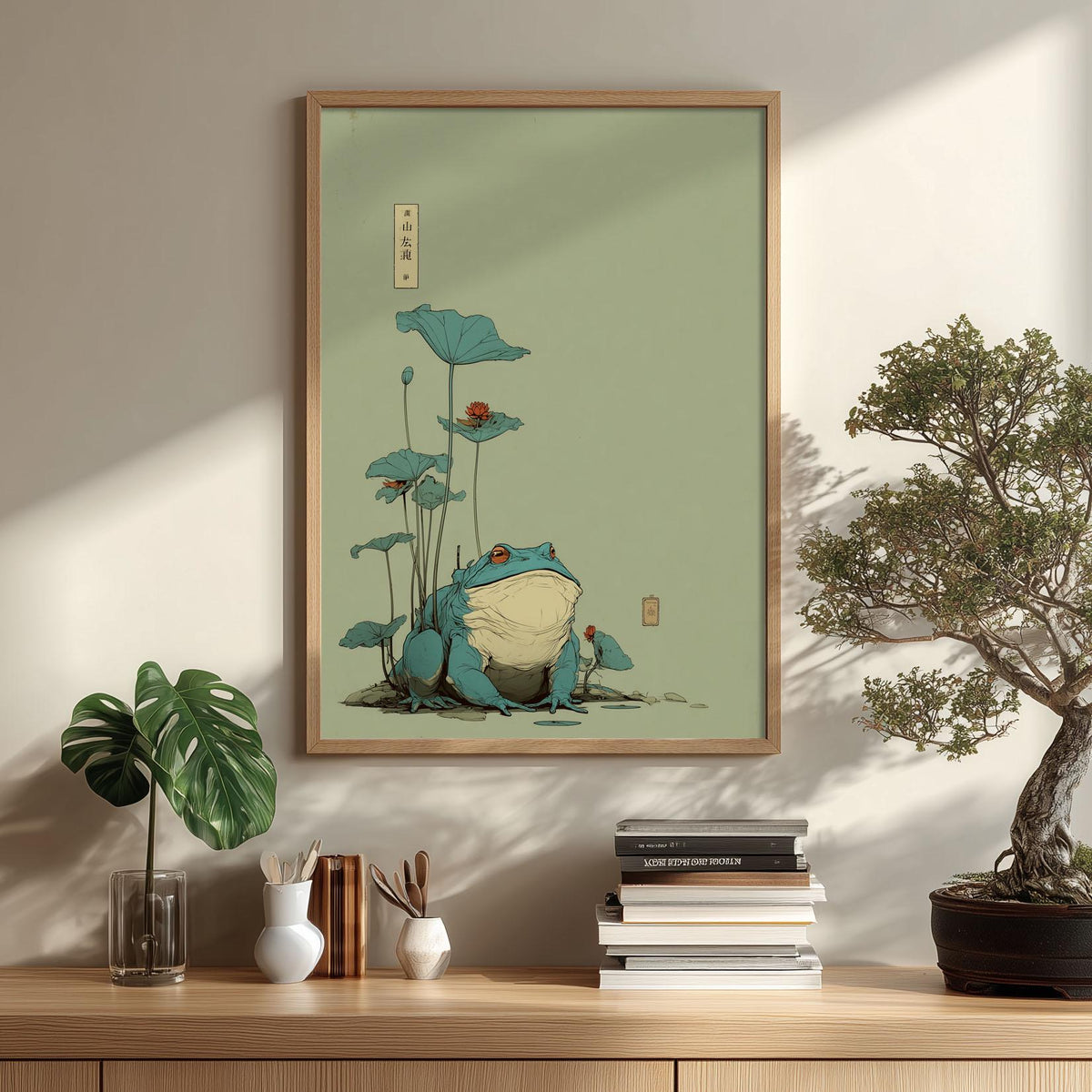 Frog Lotus Wall Art | Japanese Pond Poster, Minimalist Art Print | Zen Nature Decor