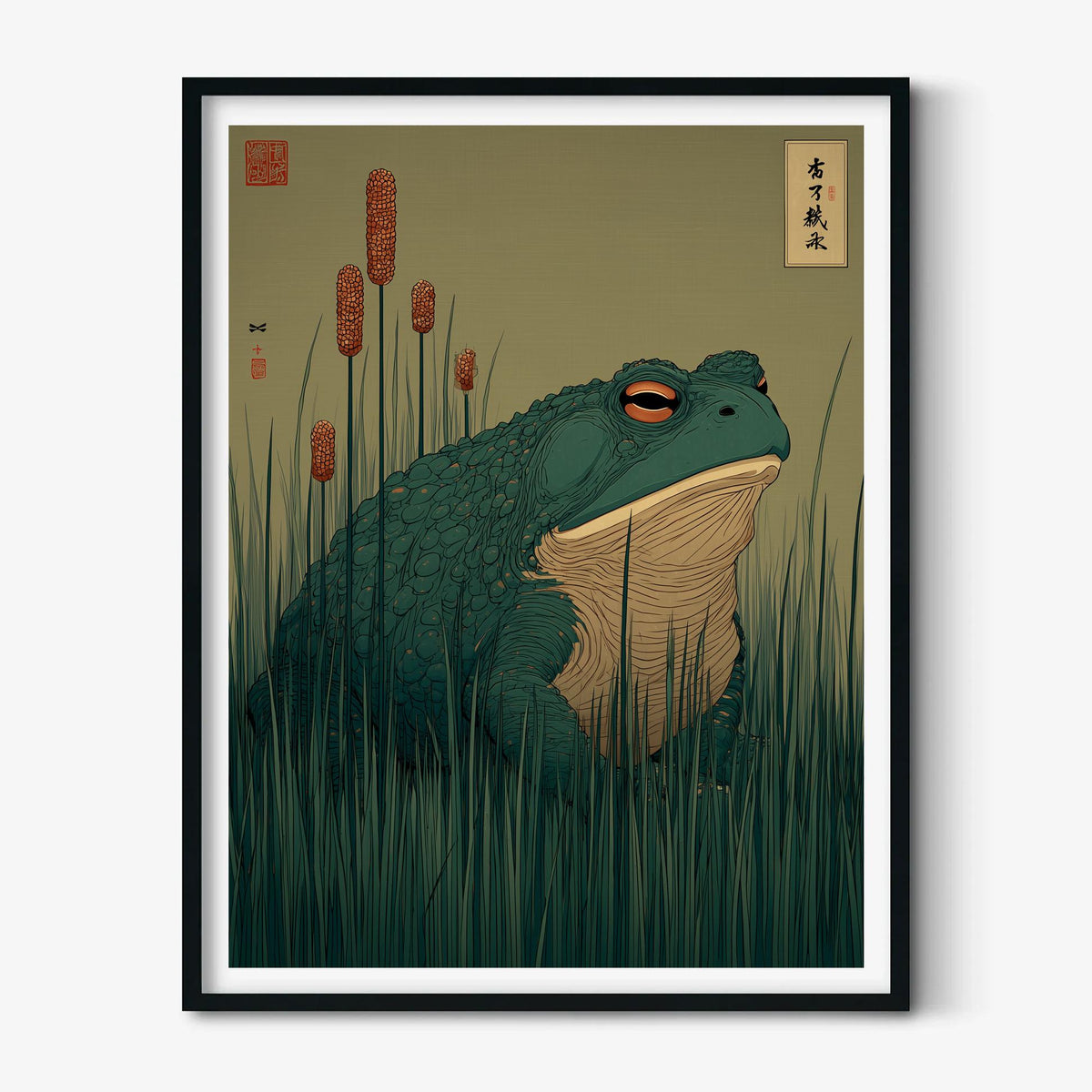 Frog Wall Art Print | Japanese Reed Pond Poster, Botanical Toad Art Print | Zen Nature Decor