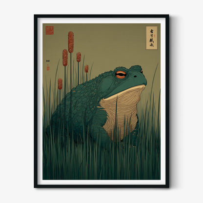 Frog Wall Art Print | Japanese Reed Pond Poster, Botanical Toad Art Print | Zen Nature Decor
