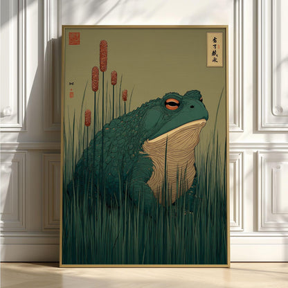 Frog Wall Art Print | Japanese Reed Pond Poster, Botanical Toad Art Print | Zen Nature Decor