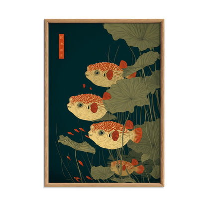 Puffer Fish Poster | Japanese Pond Art Print, Lotus Leaf Wall Art | Nautical Decor