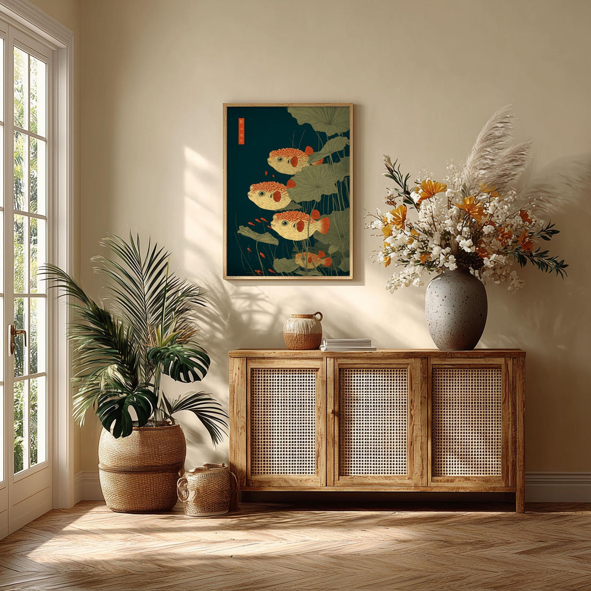 Puffer Fish Poster | Japanese Pond Art Print, Lotus Leaf Wall Art | Nautical Decor