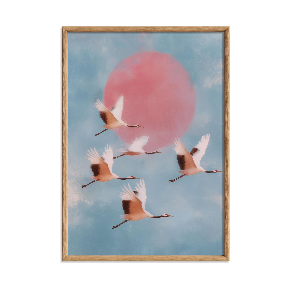 Flying Crane Wall Art | Japanese Bird Poster, Pink Sun Art Print | Serene Sky Decor