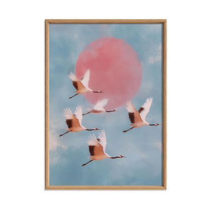 Flying Crane Wall Art | Japanese Bird Poster, Pink Sun Art Print | Serene Sky Decor