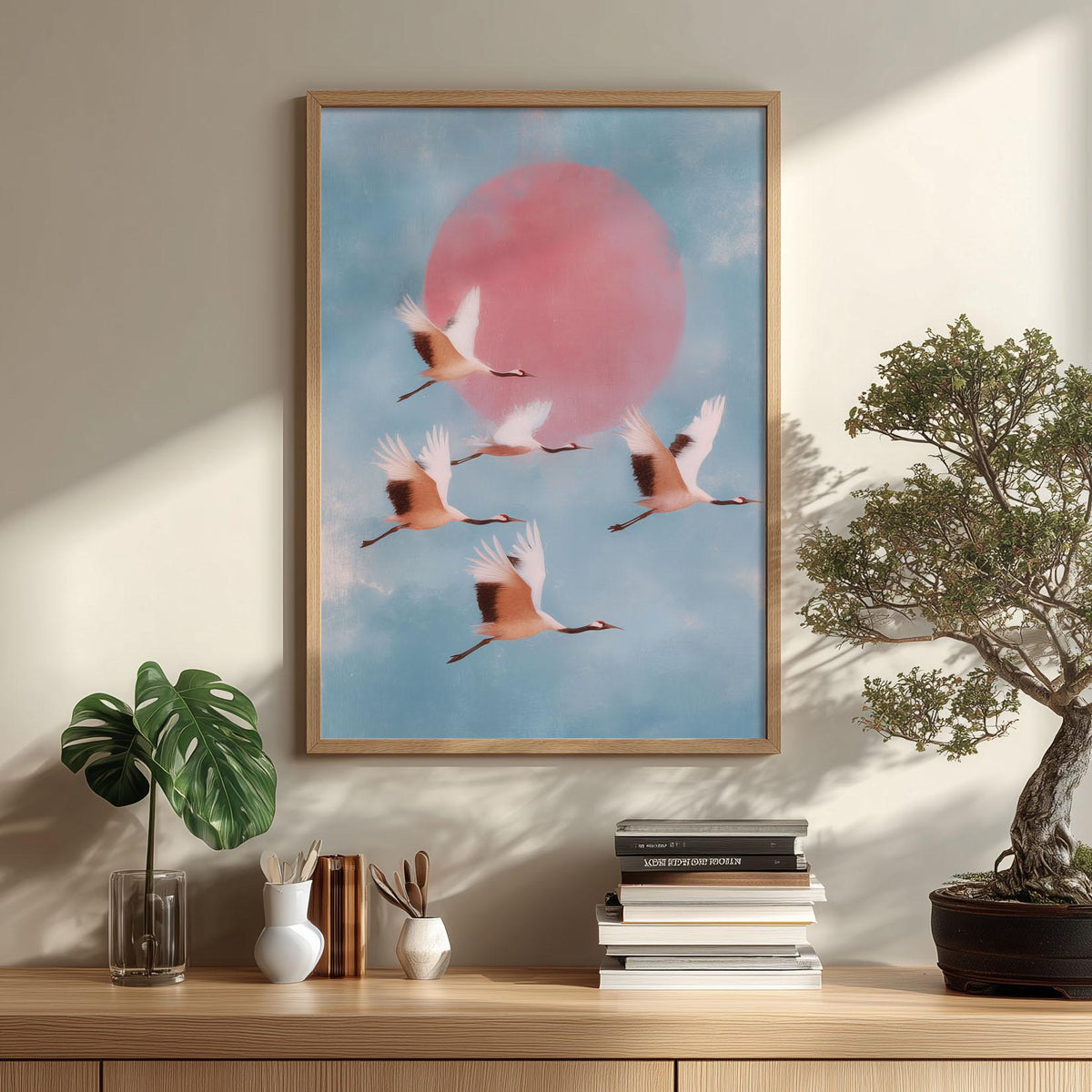 Flying Crane Wall Art | Japanese Bird Poster, Pink Sun Art Print | Serene Sky Decor