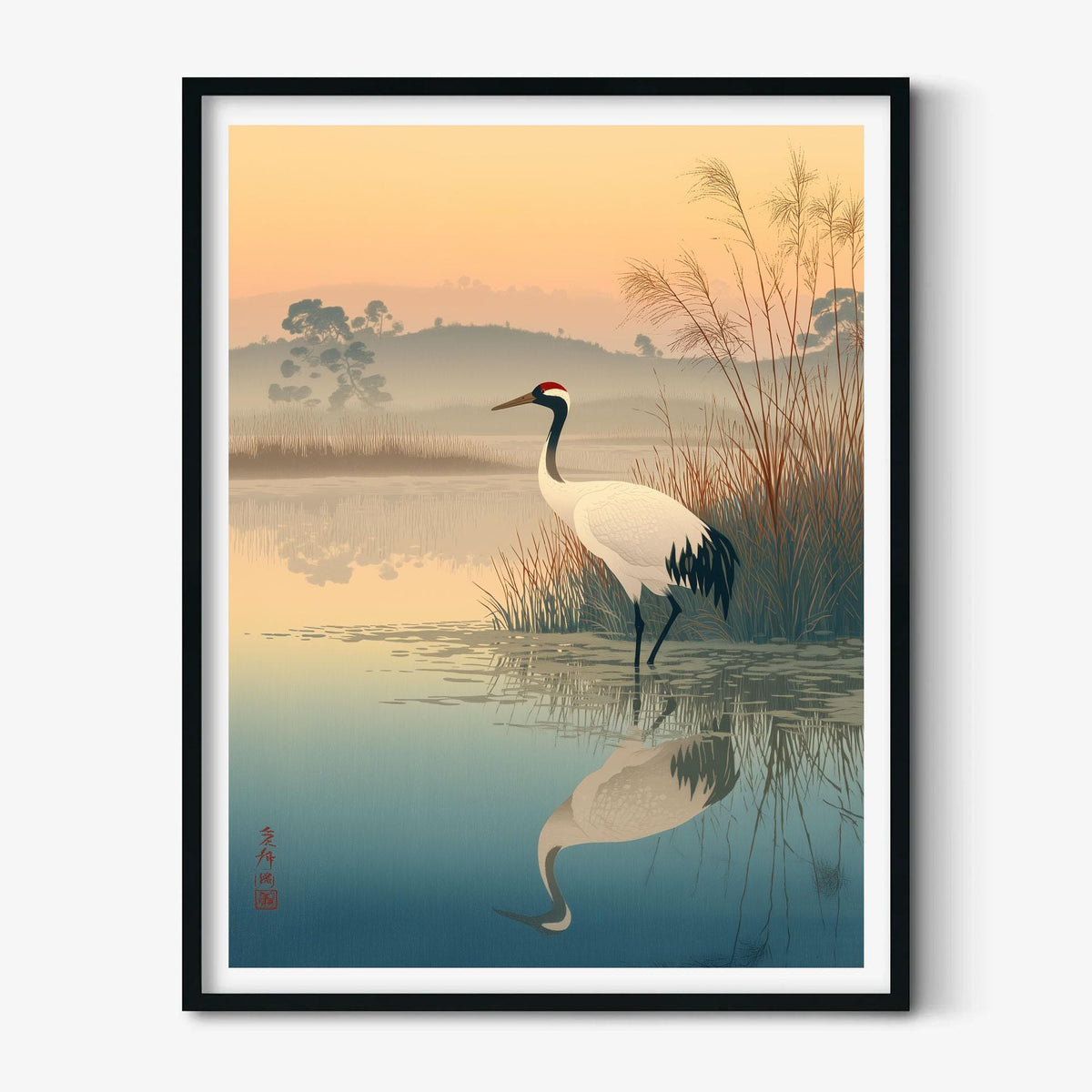 Red Crowned Crane Poster | Japanese Wetland Wall Art, Bird Art Print | Zen Nature Decor