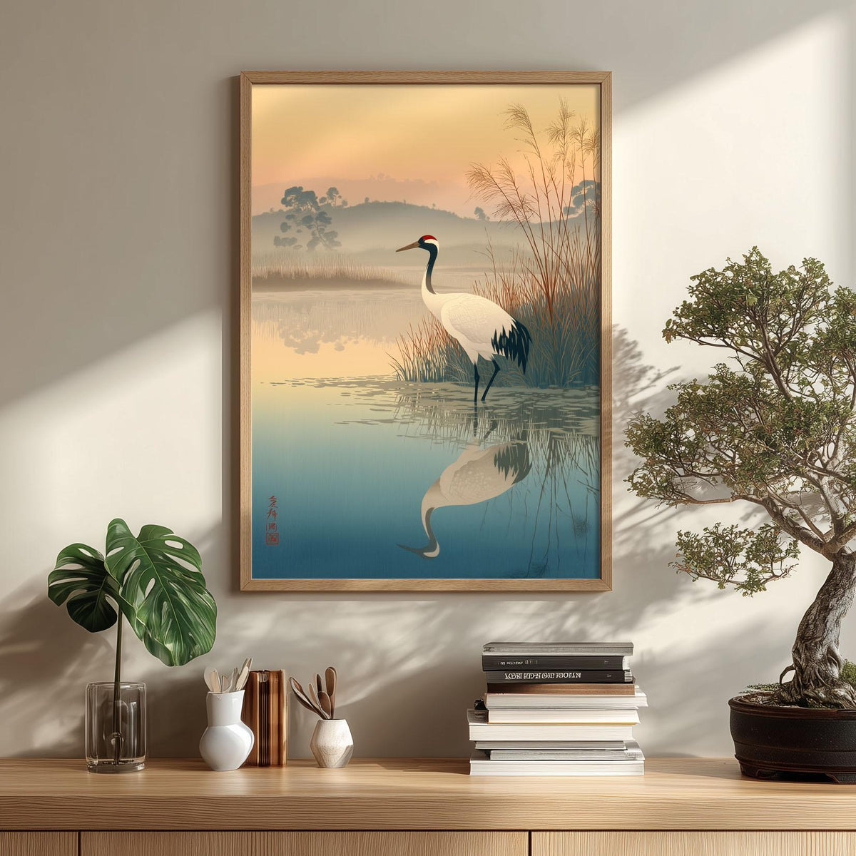Red Crowned Crane Poster | Japanese Wetland Wall Art, Bird Art Print | Zen Nature Decor