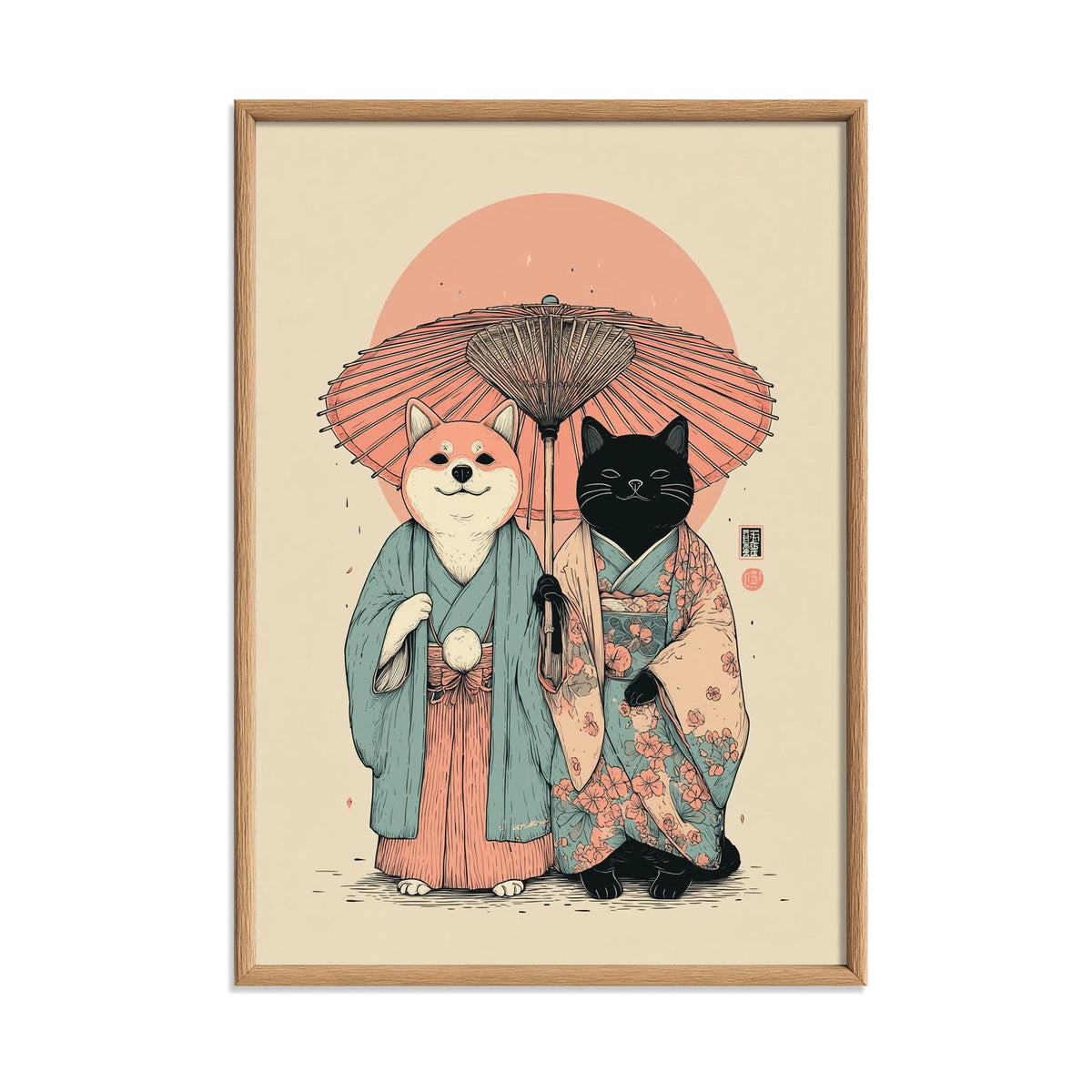 Shiba Inu Poster | Black Cat Art Print, Japanese Kimono Wall Art | Cute Animal Decor