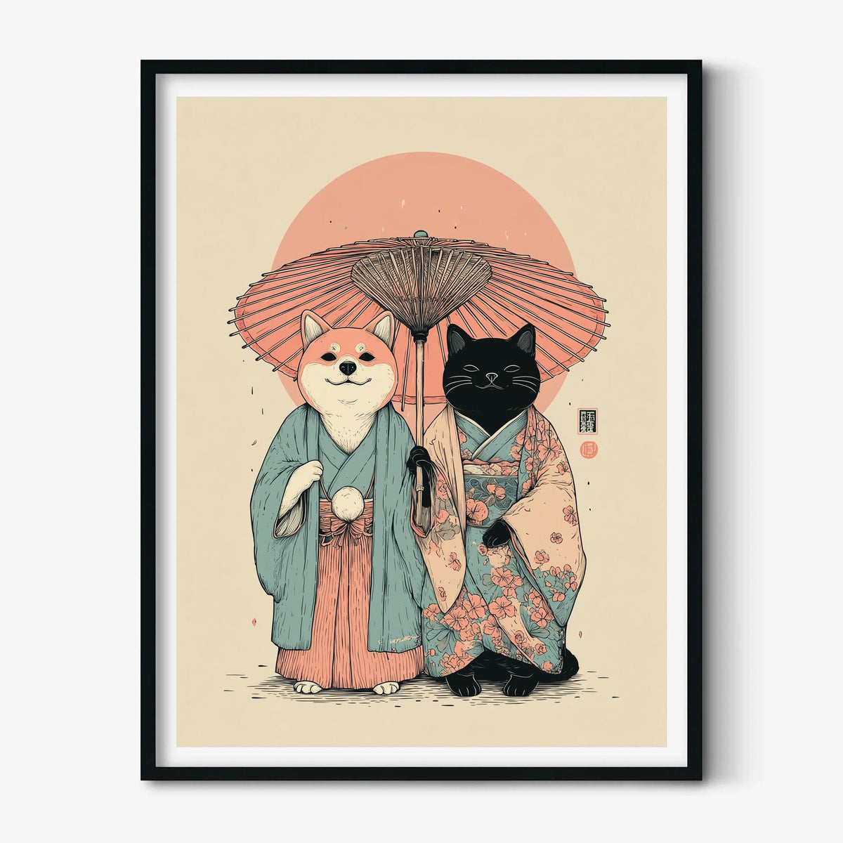 Shiba Inu Poster | Black Cat Art Print, Japanese Kimono Wall Art | Cute Animal Decor