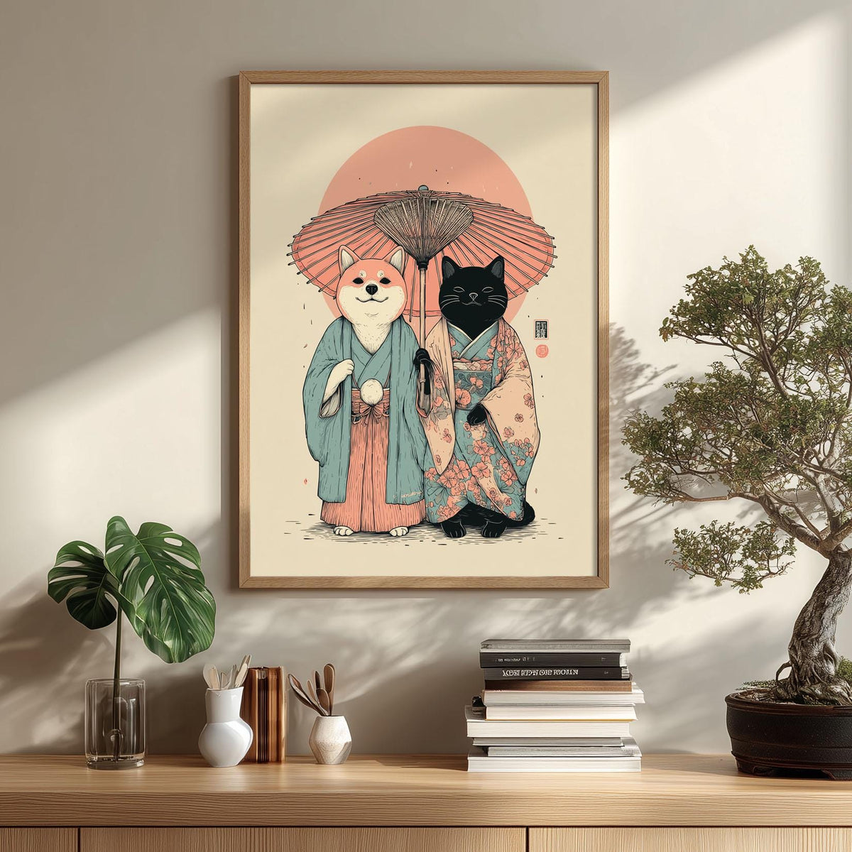 Shiba Inu Poster | Black Cat Art Print, Japanese Kimono Wall Art | Cute Animal Decor