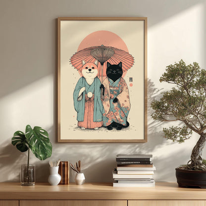 Shiba Inu Poster | Black Cat Art Print, Japanese Kimono Wall Art | Cute Animal Decor