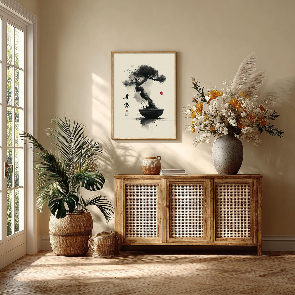 Bonsai Tree Wall Art | Japanese Ink Poster, Minimalist Art Print | Zen Japandi Decor