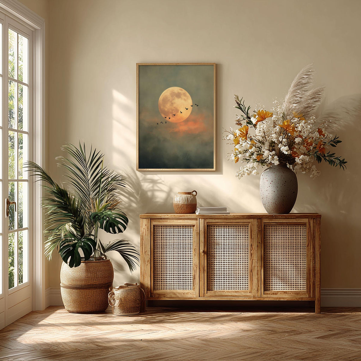 Full Moon Print – Flying Birds Night Sky Poster | Atmospheric Wall Art